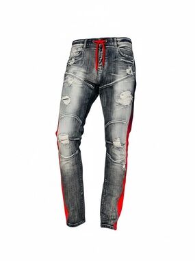 Focus NWOT Slim Fit Blue Distressed Jeans with Red & Purple Side Stripe